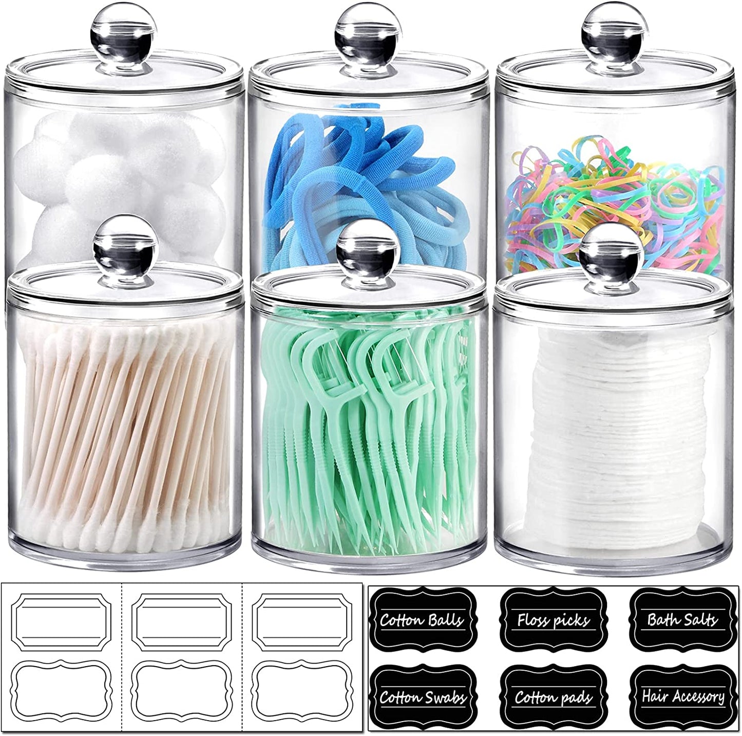 6 Pack of 12 Oz. Qtip Dispenser Apothecary Jars Bathroom with Labels - Holder Storage Canister Clear Plastic Acrylic Jar for Cotton Ball,Cotton Swab,Cotton Rounds,Floss Picks, Hair Clips (Clear)